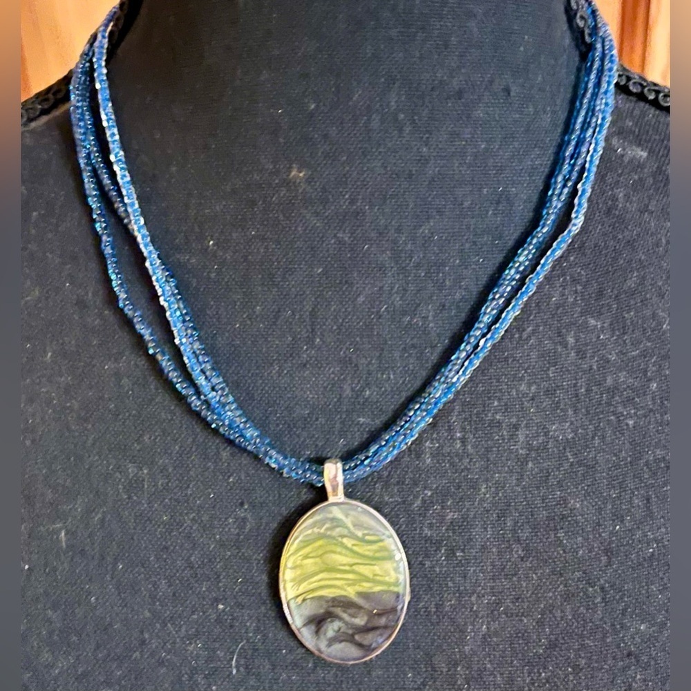 Grunge Blue Green 3 Strand Beaded Necklace And Earrings Set by East 5th Artsy